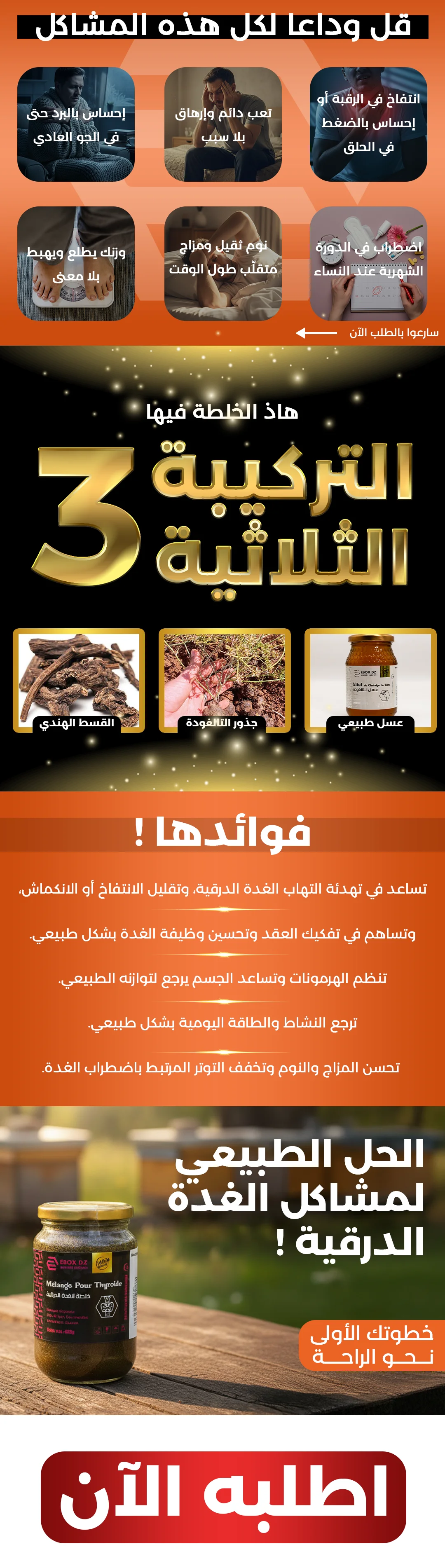 إنفوجرافيك يوضح فوائد خلطة الغدة الدرقية من إيبوكس، والتركيبة الثلاثية التي تضم العسل، جذور النافودة، والقسط الهندي.